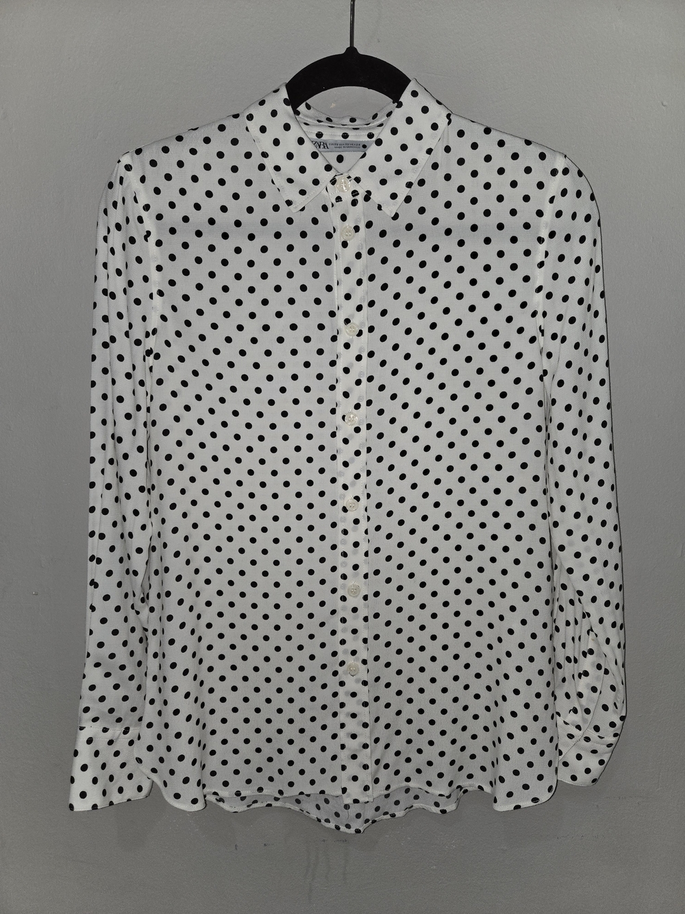 Zara Black Polka Dot White Button-Down Blouse